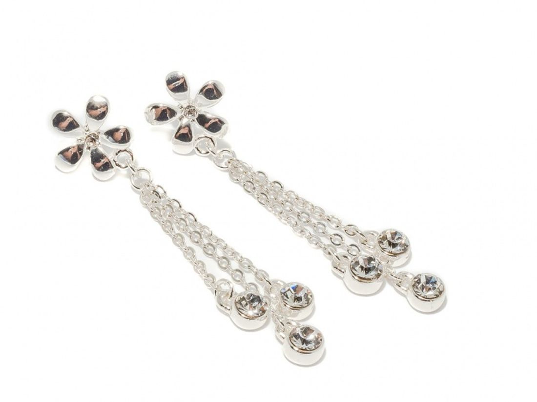 70130 Øredobber sølvfarget blomst med hengende kjeder med stener